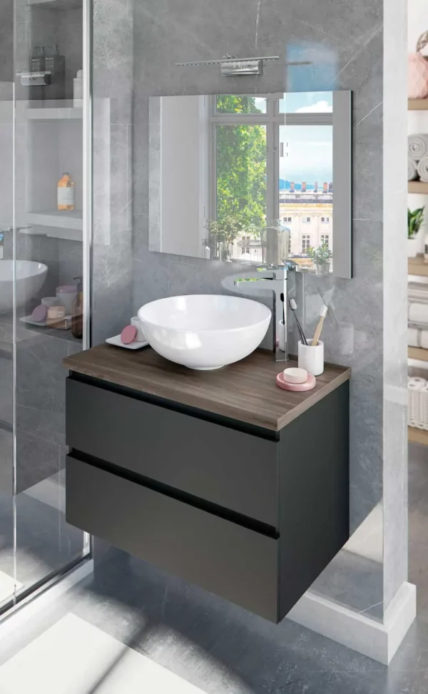 Mobile bagno sospeso Noa 79x46x53h grigio antracite e olmo lav.ovale