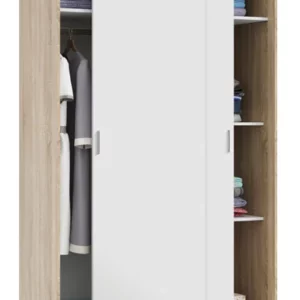 Cod.art. MK-MAX120F ARMADIO 2 ANTE SCORREVOLI Armadio 2 ante scorrevoli. Lato destro: 3 ripiani + base Lato sinistro: porta abiti + 1 ripiano Colore: bianco artik / canadian Dimensioni (cm): 120 x 50 x 200h