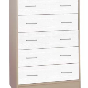 Cod.art. MK-WIDE8821-CW CASSETTIERA “WIDE8821” Con struttura in pannello ecologico, 5 cassetti, in kit di montaggio. Dim. cm 79 x 40 x 114h (Rovere Nordico e bianco alpes)